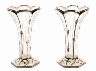 Pair, Sterling Overlay Glass Paneled Vases