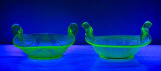 Two Uranium Depression Glass Figural Bowls