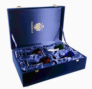 Faberge Blue Velvet Box w/Art Deco Martini Glasses