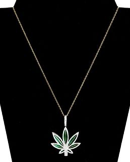 10k YG Diamond & Enamel Cannabis Pendant Necklace