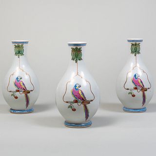 Set of Three Chinese Export Porcelain â€˜Perching Parrotâ€™ Vases, Possibly Pronk