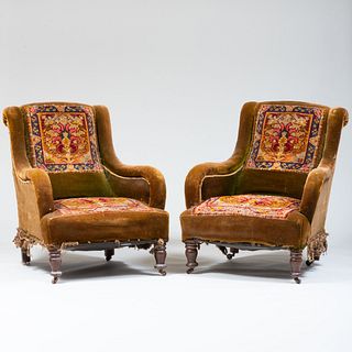 Pair of Victorian Velvet and Needlework Upholstered Armchairs