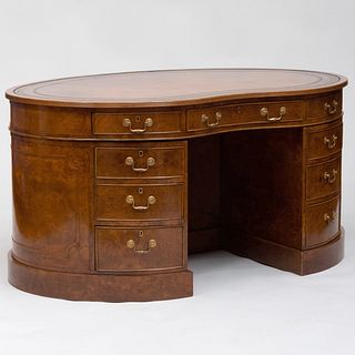 Victorian Style Leather-Inset Burl Walnut Kidney-Shaped Desk
