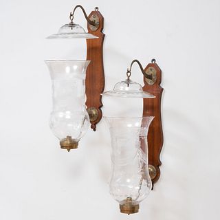 Pair of Gilt-Metal-Mounted Etched Glass Wall Sconces