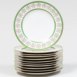 Set of Eleven Haviland Limoges Green and Gold Porcelain Dinner Plates