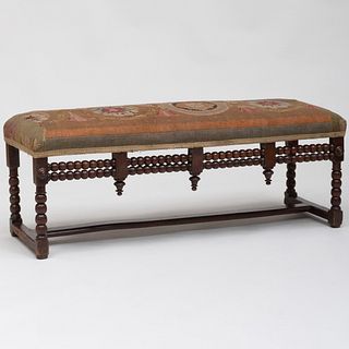 Continental Turned Mahogany Bench with Needlework Upholstery