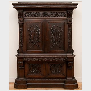 Pair of Italian Renaissance Revival Carved Mahogany Cabinets