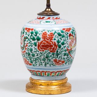 Chinese Famille Verte Porcelain Ginger Jar Mounted as a Lamp