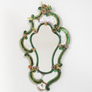 Murano Green, Etched and Parcel-Gilt Glass Cartouche-Form Mirror 