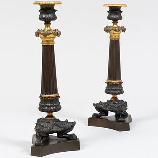 Pair of George IV Patinated and Parcel-Gilt Candlesticks