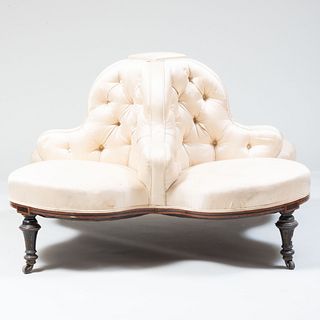 Victorian Mahogany and Fruitwood Inlaid Upholstered Tete Ã  Tete