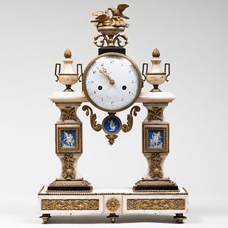Louis XVI Style Ormolu-Mounted Marble Mantel Clock Inset with Porcelain Plaques, dial signed Charles Oudin