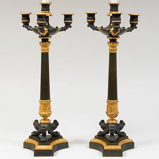 Pair of Louis Phillippe Patinated Bronze and Parcel-Gilt Four-Light Candlesticks Mounted as Lamps