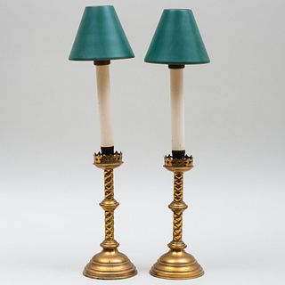 Pair of Gothic Brass Candlesticks with TÃ´le Shades