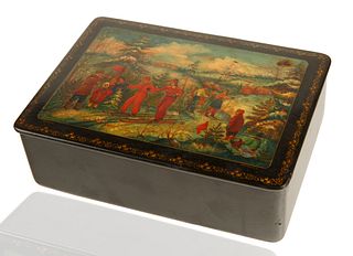 A RUSSIAN LACQUER BOX FEATURING A SKIING COMPOSITION
