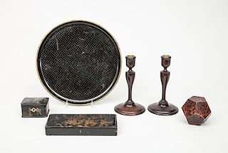 Pair of Turned Wood Candlesticks, a Papier-Mâché Tray, Two Boxes, and a Faceted Tin Paperweight