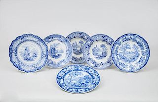 Group of Three Staffordshire Blue Transfer-Printed Dinner Plates and Three Soup Plates
