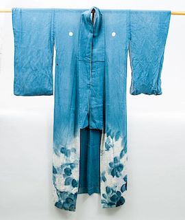 Japanese Blue-Ground Kimono and Seven Chinese Silk-Embroidered Fragments