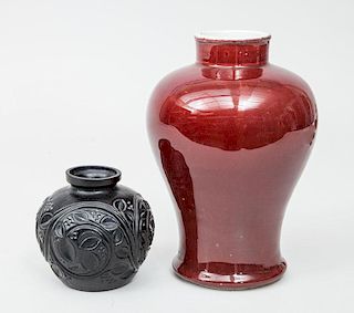 Chinese Ox Blood Glazed Vase and an Art Deco Molded Black Glass Vase