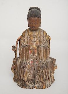 Chinese Carved Parcel-Gilt Hardwood Seated Figure