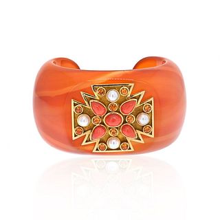Verdura 18K Yellow Gold Carved Agate  Coral  Pearl Bracelet