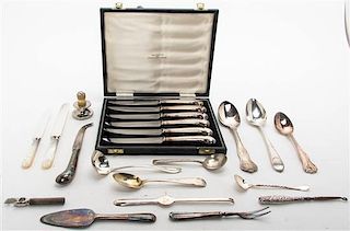* A Group of Silver-Plated Flatware Articles, , comprising set of 6 lobster picks, monogrammed OEH 2 bar knives 2 pate servers 1