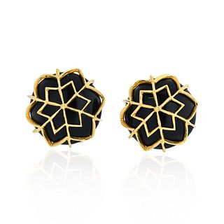 David Webb Snowflake Platinum & 18K Yellow Gold Onyx Webb Earrings