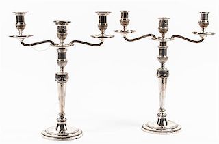 * A Pair of Sheffield-Plate Three-Light Candelabra, Hawksworth, Eyre & Co., Mid-19th Century, the baluster stems with beaded rim