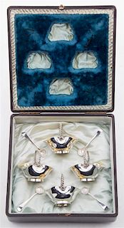 * A Set of Four Victorian Silver-Plate Salts and Salt Spoons, Walker & Hall, Sheffield, Circa 1870 Height 2 3/8 inches