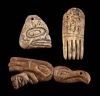 19th C. Tlingit / Haida Bone Amulets & Inuit Comb (3)