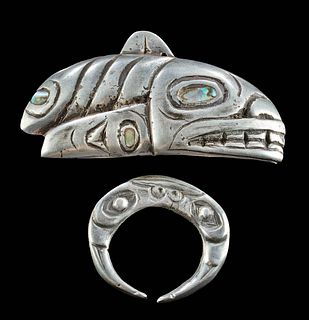 20th C. Tlingit & Saanich Tin Alloy Pendant & Nose Ring