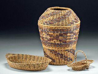 20th C. American Pine Needle & Raffia Folk Art Baskets