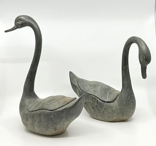 Pair of Asian Bronze Swan Planters