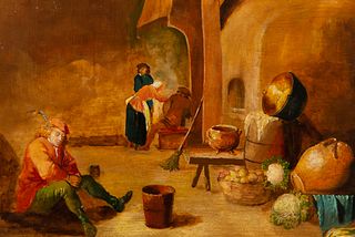 Kitchen scene, follower of David Teniers, 19th century Flemish school