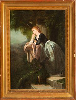 Pair of portraits Lady in the Window and Lady in a Garden, Spanish romanticist school of the 19th century