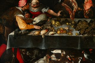 Large Still Life with Characters around a Table, Italian school of the 17th century, in the manner of Vincenzo Campi (Cremona, 1530/1535-1591)