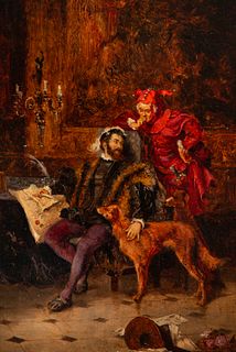 Knight with Dog and Harlequin, signed Eduardo Zamacois y Zabala (Bilbao, July 2, 1841 - Madrid, January 12, 1871)