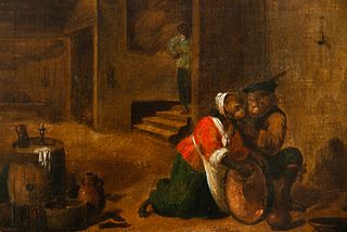 Couple of monkeys inside a tavern, 17th century Flemish school, circle of David Teniers the Younger