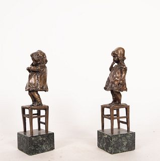 Pair of bronzes of Girls climbing on a chair, French school of the end of the 19th century
