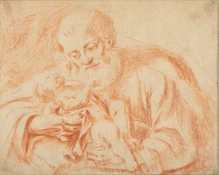 Saint Joseph with the Child in His Arms, drawing on paper, Italian school from the end of the 17th century