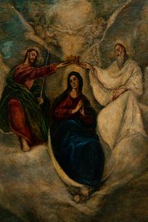 Coronation of the Virgin, Toledo school from the 17th - 18th centuries, follower of DomÃ©nikos TheotokÃ³poulos, El Greco