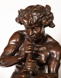 Faun in Bronze playing the flute with two Cherubs, possibly an Italian school from the second half of the 19th century