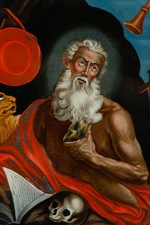 Saint Jerome Listening to the Trumpet of the Last Judgment, Painted Glass, 18th Century Italian School, Possibly Naples