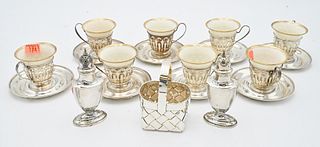 Sterling Silver Lot, to include Cartier small woven basket; set of eight sterling silver demitasse cups and saucers having Lenox inserts; along with s