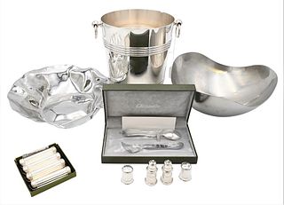 Group of Assorted Metal and Silver Plated Items, to include Christofle salt and pepper shakers; a pair of Cartier salt and pepper shakers; Christofle 