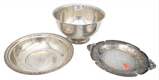 Three Sterling Silver Pieces, to include a large Paul Revere bowl, a Whiting Danish style tray, along with an International Sterling Prelude bowl, 39.