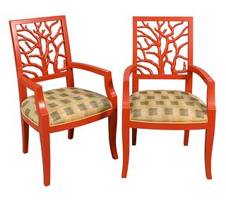 Pair of Coral Shaped Armchairs, red with coral design, having upholstered seats, sold by Lillian August, height 39 1/2 inches.