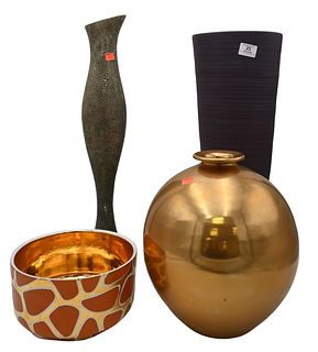 Four Piece Group of Vases, to include a Waylande Gregory bowl with gilt; large Rina Menardi pottery vase; gilt bulbous vase initialed on bottom; along