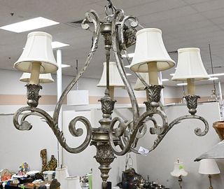 Contemporary Iron Hanging Chandelier, having six lights, height 31 inches, diameter 32 inches, one arm as is.