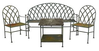 Seven Piece Iron Outdoor Set, having brass trim, to include one lounge; one loveseat, height 36 inches, width 61 1/2 inches; three armchairs; one foot